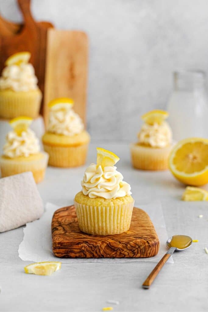 Lemon cupcakes on a countertop ready to be served and enjoyed.