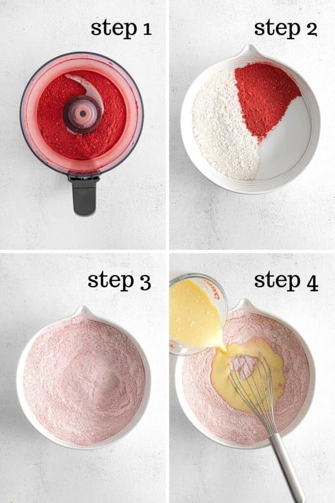 How to make pink donut batter (with freeze-dried strawberries) for homemade strawberry donuts.