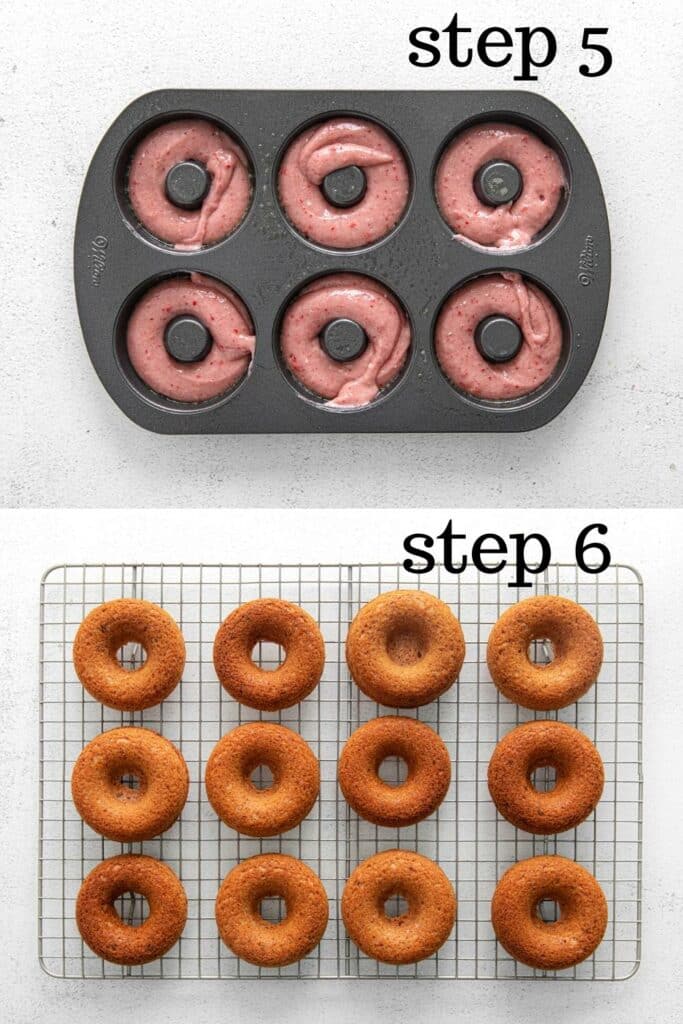 How to bake and cool strawberry doughnuts with donut pan and wire rack.