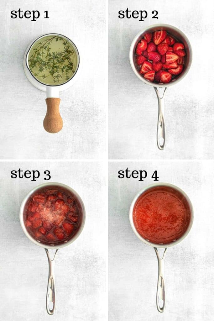 How to make thyme-infused simple syrup and strawberry syrup on stovetop in 4 easy steps.
