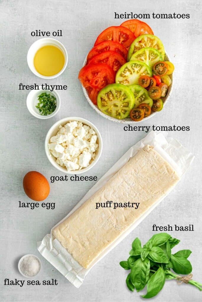 Ingredients for easy tomato tart recipe.
