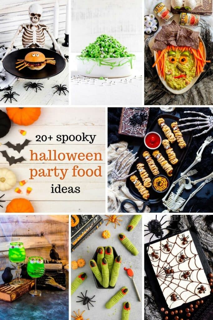 Spooky Halloween party food ideas round-up: 7 images of appetizers, snacks, desserts and drinks.