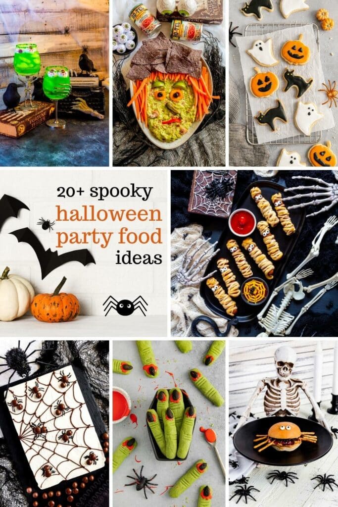 Halloween Party Food: 7 round-up images of Halloween appetizers, desserts, drinks and snacks.