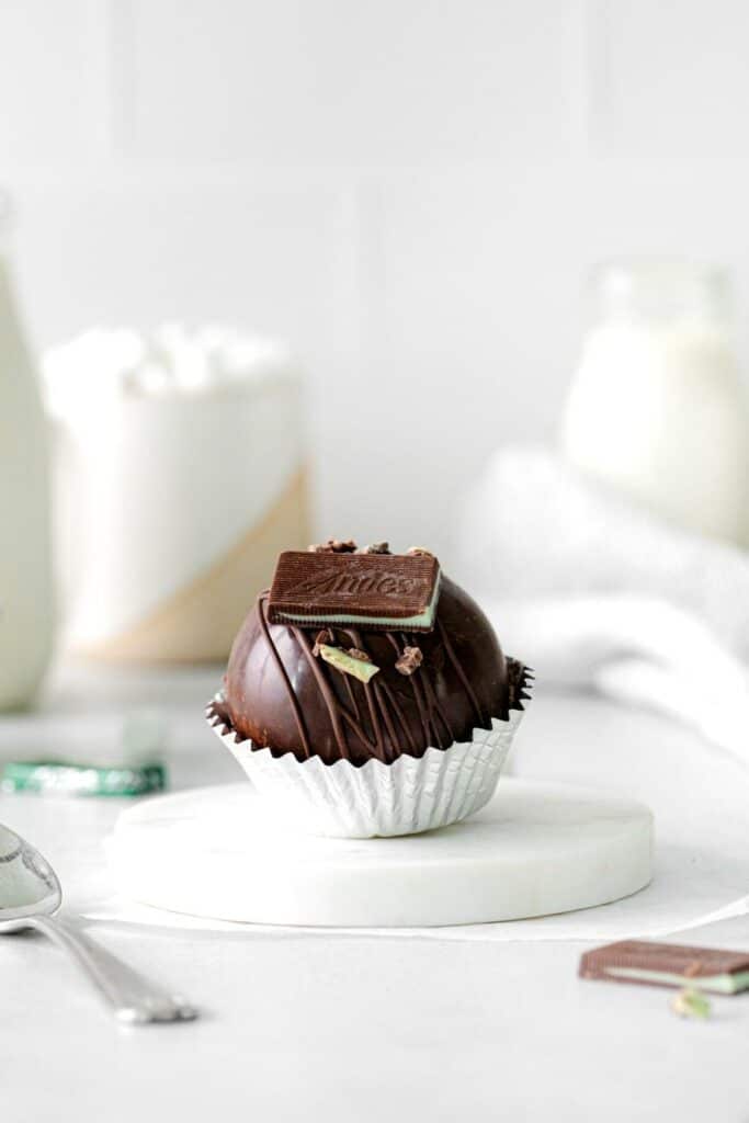 Hot chocolate bomb with an Andes mint on top.