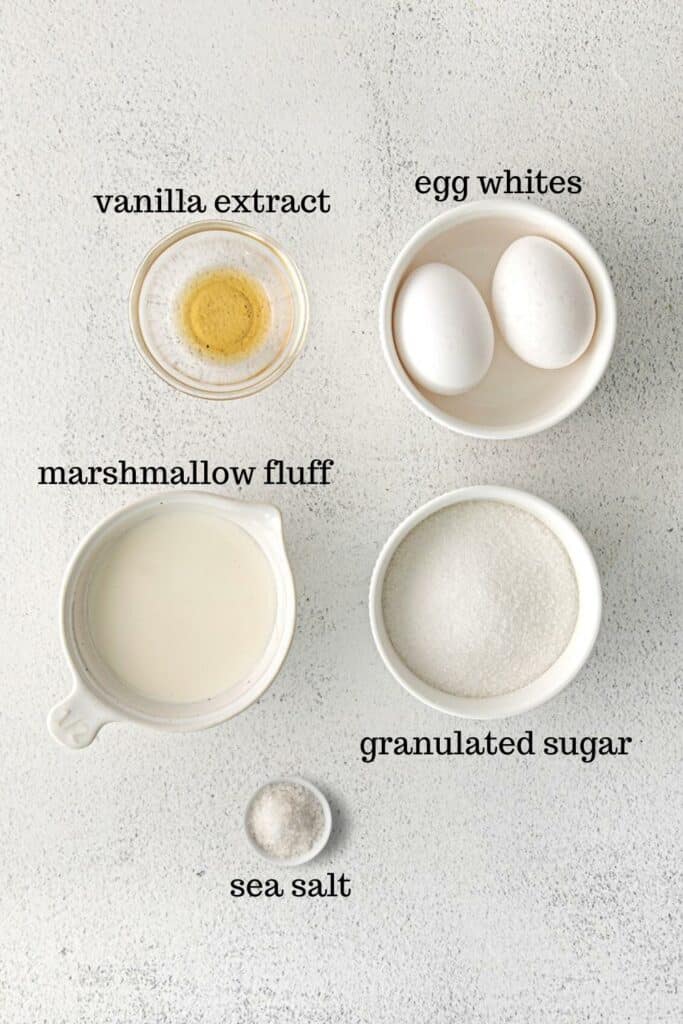 Ingredients for marshmallow frosting recipe.