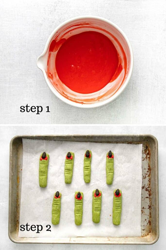 How to decorate witch fingers with red blood icing cuticles and black almond fingernails.