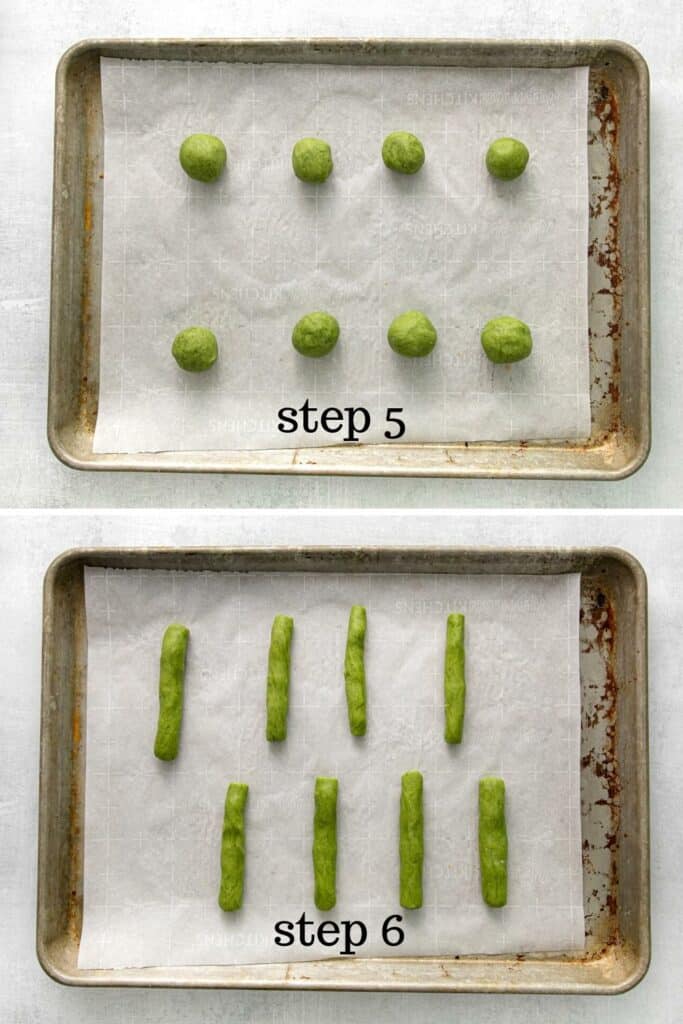 How to shape witch fingers on a baking tray from green shortbread cookie dough.