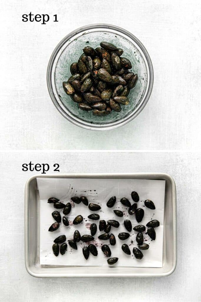 How to dye almond fingernails black for witch finger cookies.