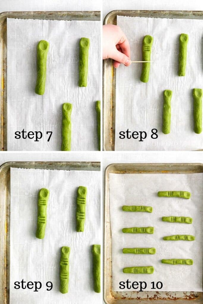 How to shape and form witch finger cookies on a baking tray.