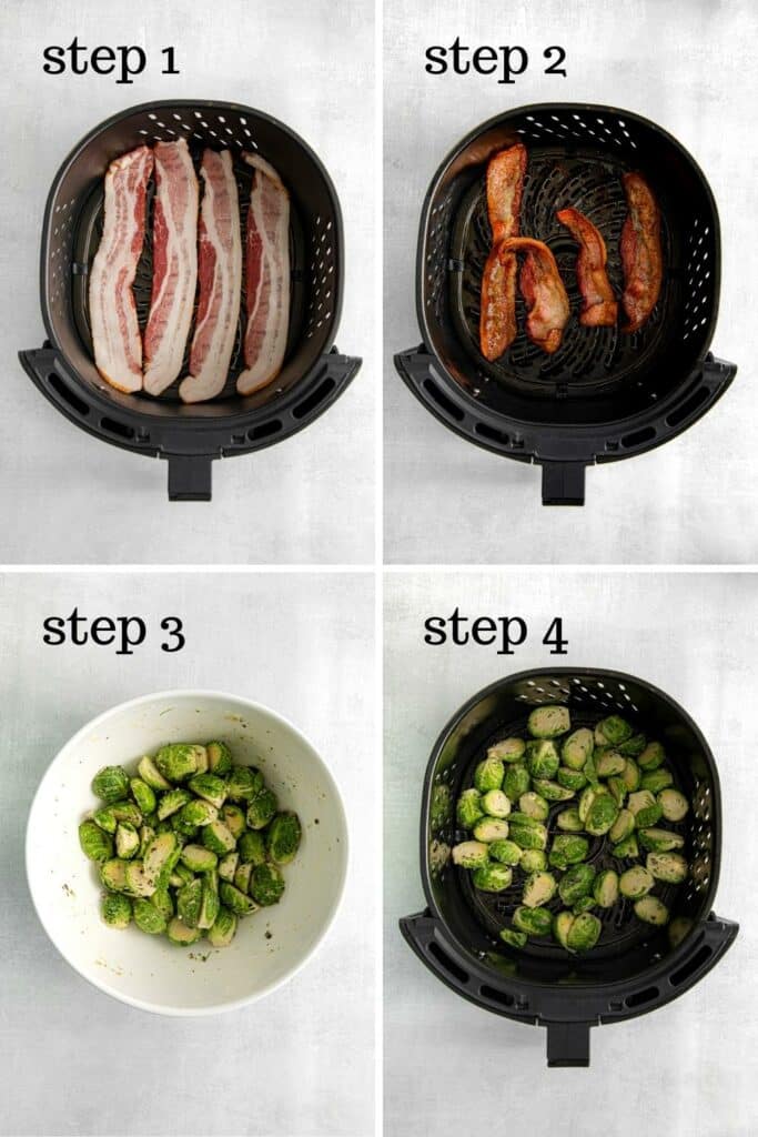 How to prep and cook air fryer Brussels sprouts with bacon.