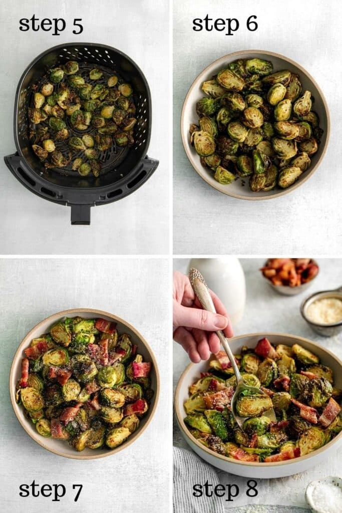 How to make air fryer Brussels sprouts with bacon and garnish with parmesan cheese.