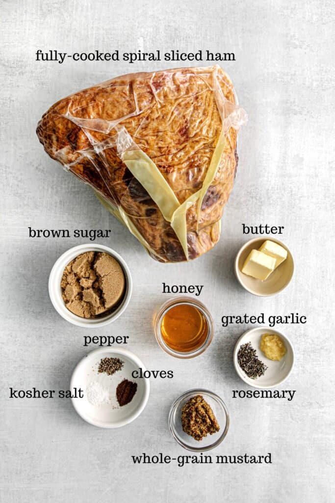 Ingredients for making a brown sugar glazed ham.
