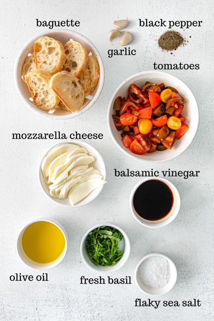 Ingredients for making bruschetta with cheese.