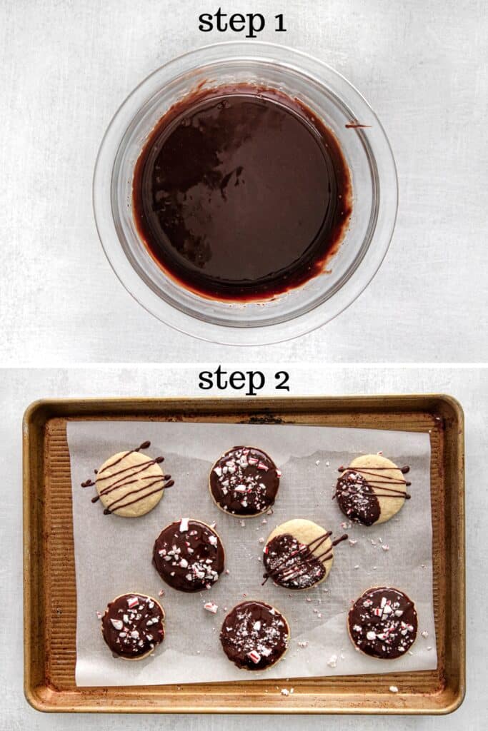 How to make chocolate ganache topping and decorate peppermint bark shortbread cookies.