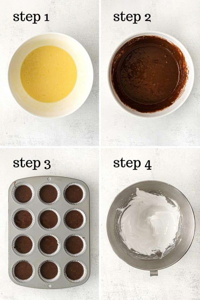Four images showing how to make hot chocolate cupcakes.
