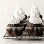 Eight chocolate cupcakes topped with marshmallow frosting.