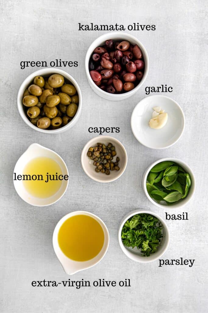 Ingredients for olive tapenade recipe.