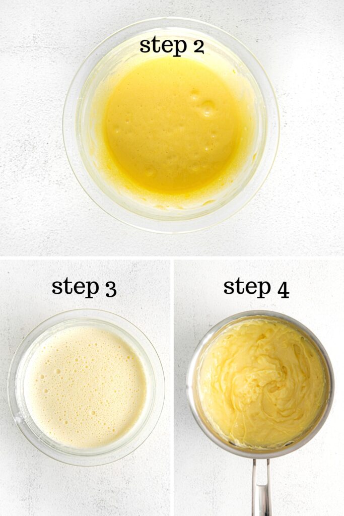 Three images showing how to make pastry cream for tartlets.