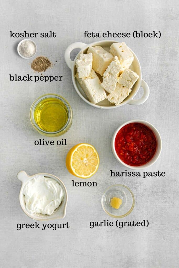 Ingredients for spicy feta dip recipe.