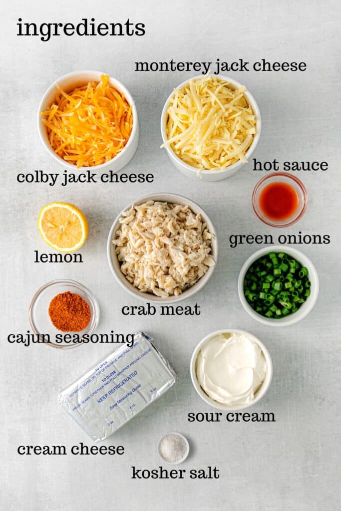 Ingredients for hot Cajun Crab Dip recipe.