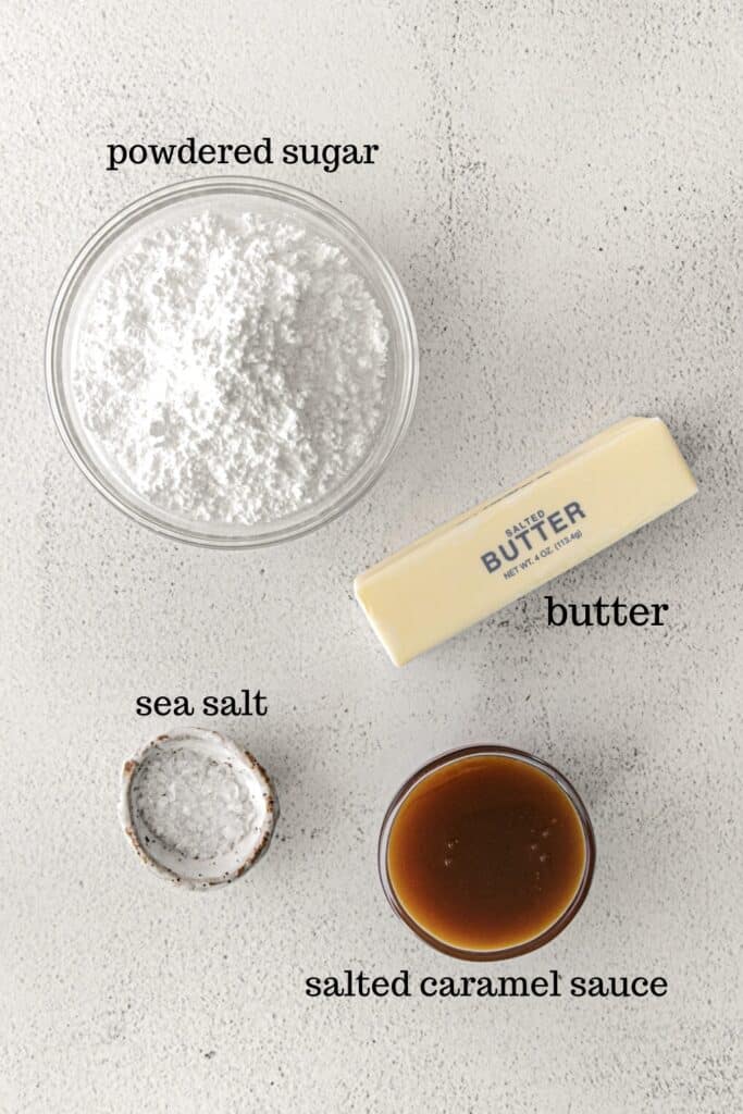 Ingredients for salted caramel buttercream frosting.