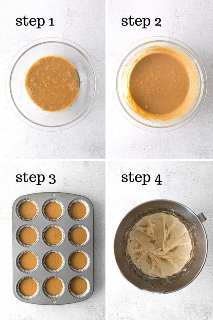 How to make gingerbread cupcakes with salted caramel frosting in 4 easy steps.