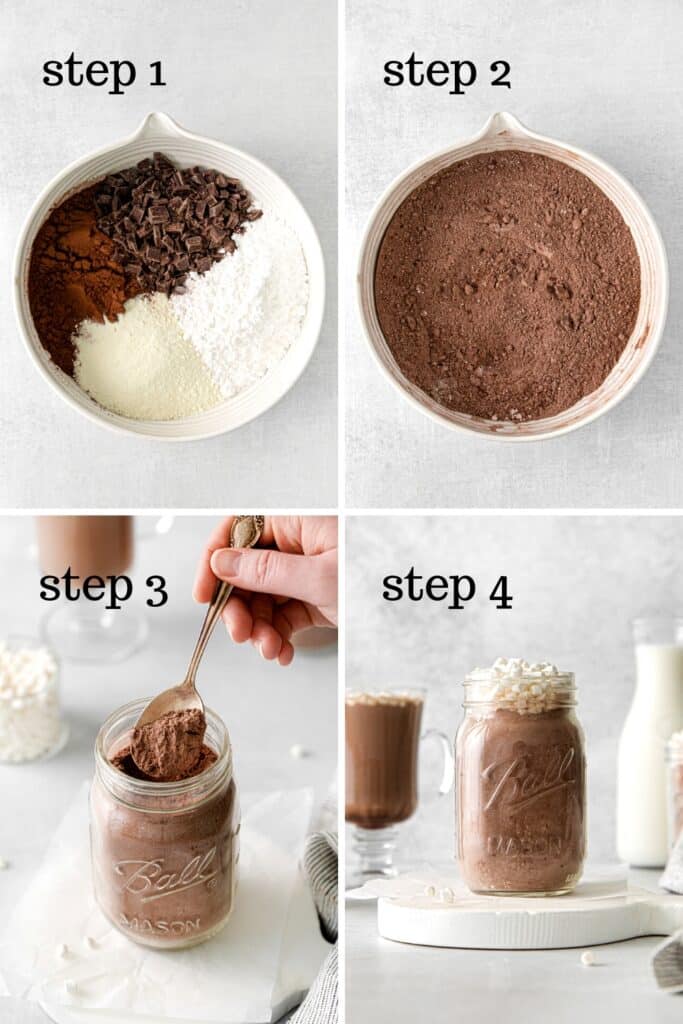 How to make homemade hot cocoa mix recipe in 4 easy steps.