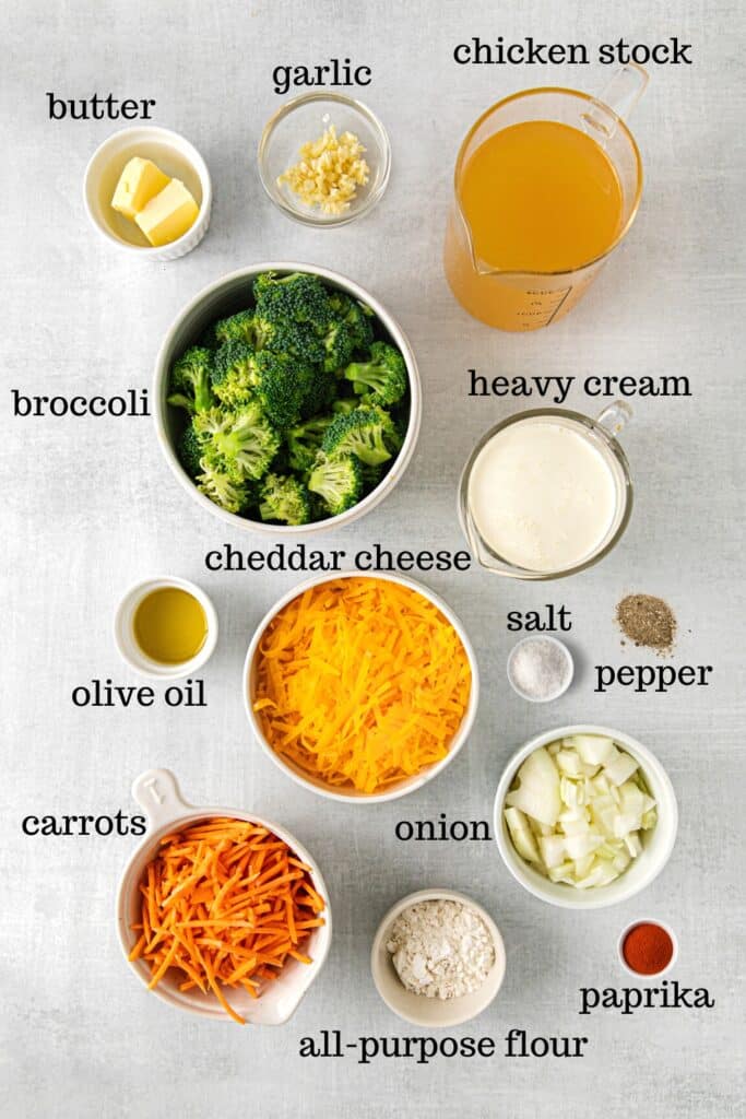 Ingredients for broccoli cheese soup recipe.