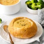 Panera broccoli cheddar soup in a sourdough bread soup bowl.