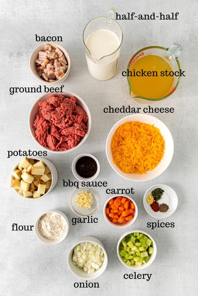 Ingredients for bacon cheeseburger soup recipe.