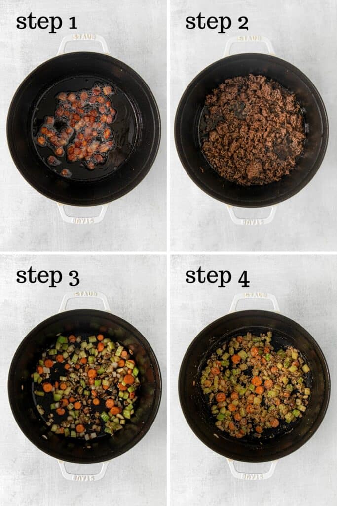 How to make recipe for cheeseburger soup, step by step: first 4 images of the process.