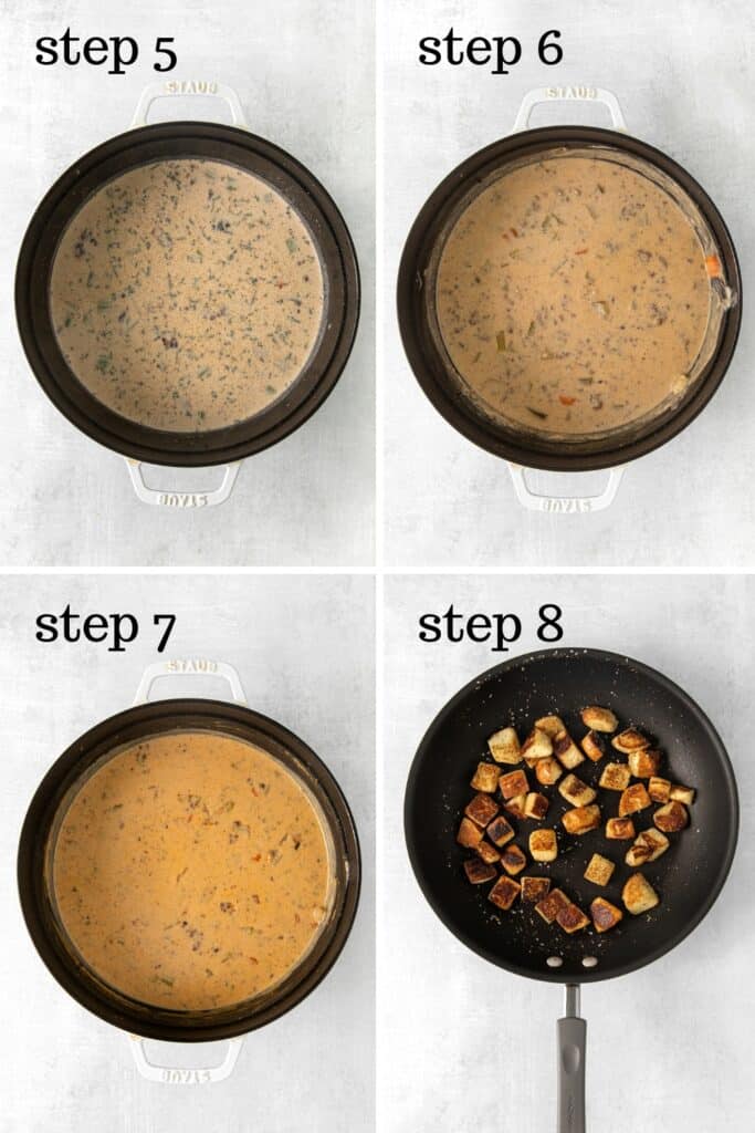 Images of prepping bacon cheeseburger soup in a pot, and bun croutons in a pan.