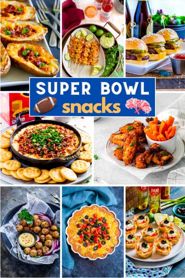 Grid of 8 images of Super Bowl snacks and appetizers.