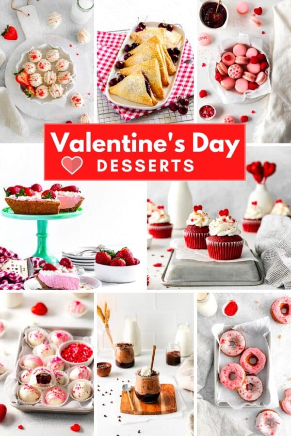 An 8-image collage of Valentine's Day desserts.