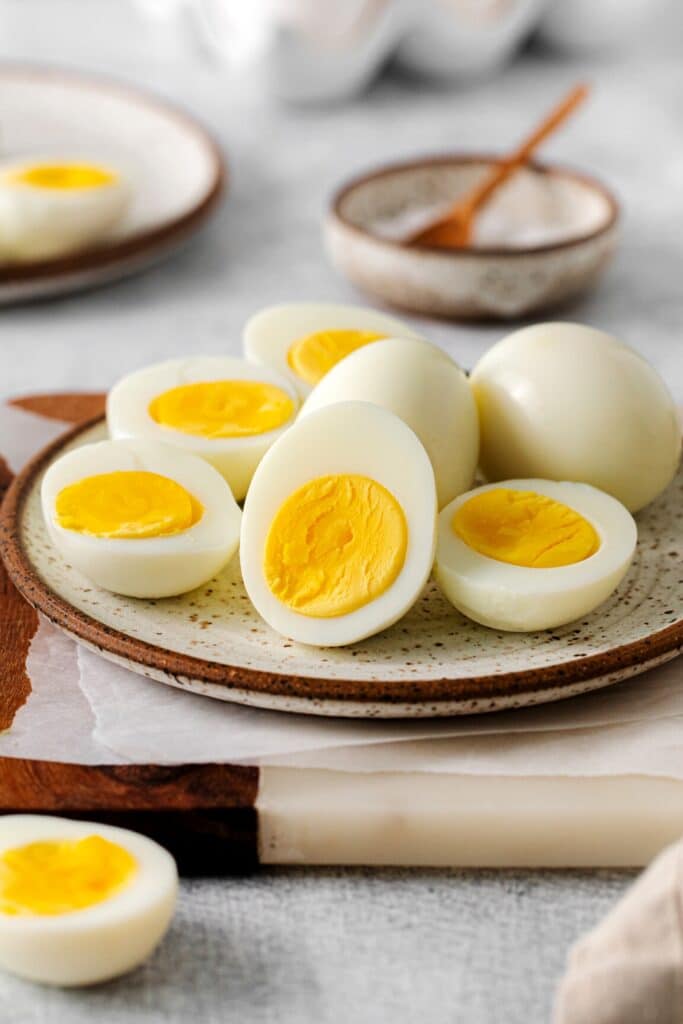 A close-up view of perfect hard boiled eggs cooked in the air fryer.