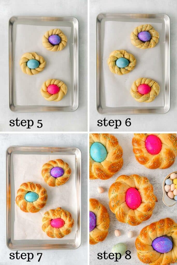 How to braid brioche bread dough into Easter egg bread wreaths with dyed eggs in the middle.