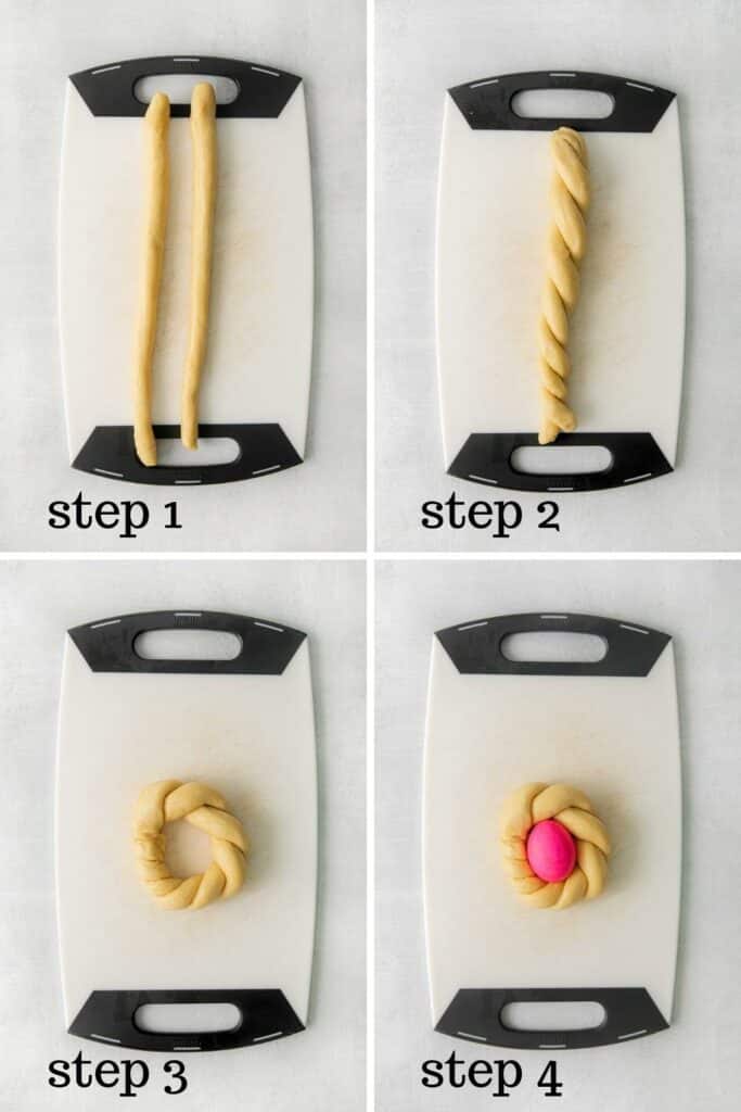 How to form Italian Easter bread dough into wreaths with a dyed egg in the middle.