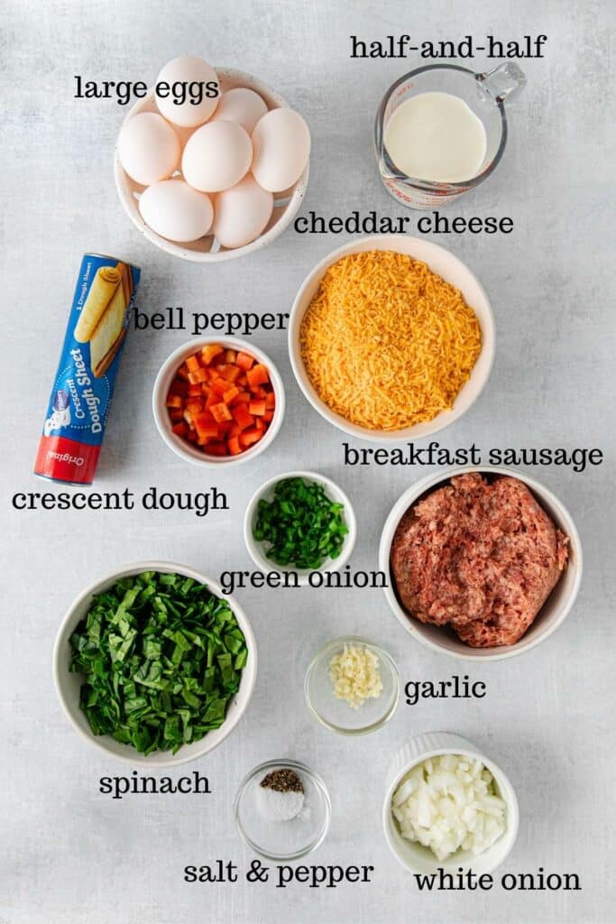 Ingredients for sausage crescent roll breakfast casserole.