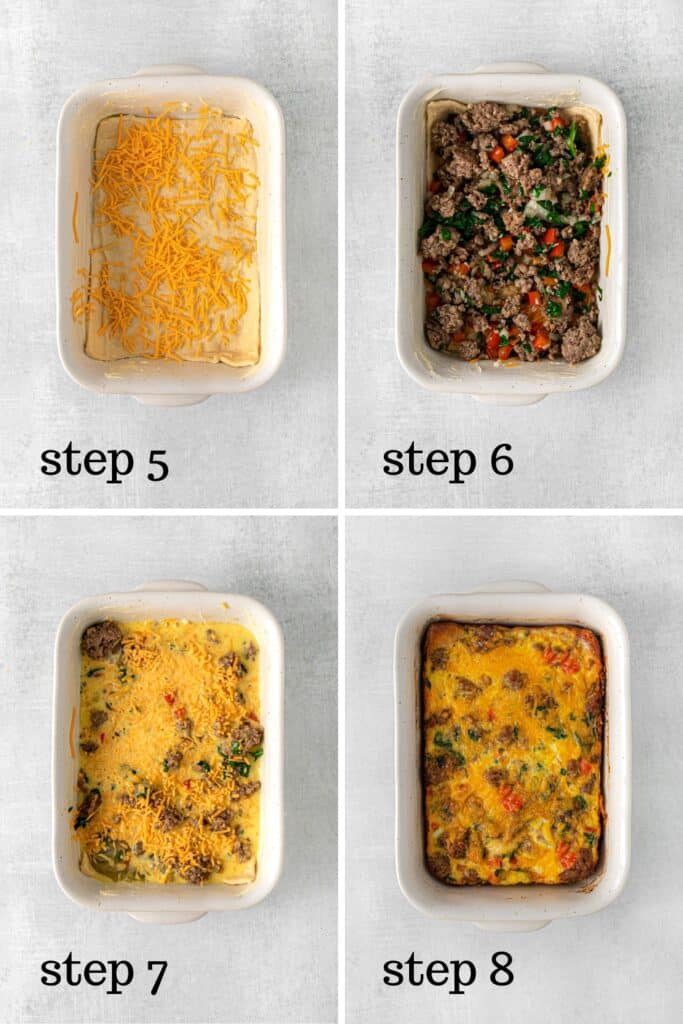 How to assemble a crescent roll breakfast casserole with sausage, step by step.