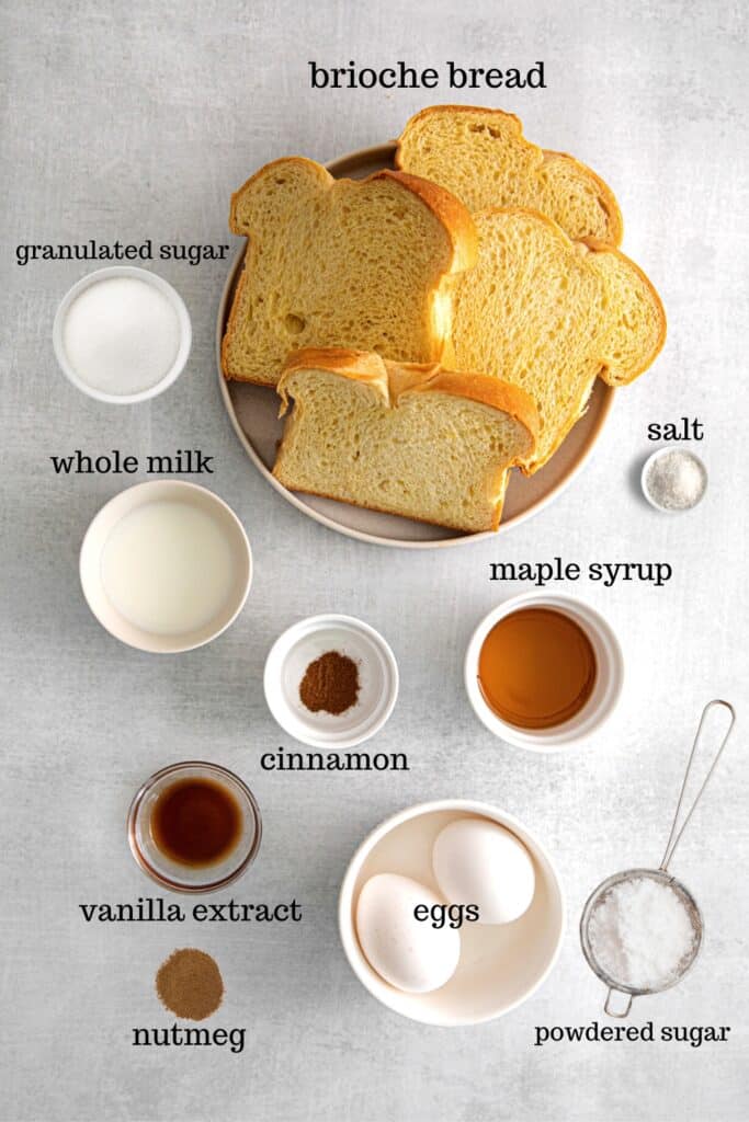 Ingredients for making brioche air fryer French toast sticks.
