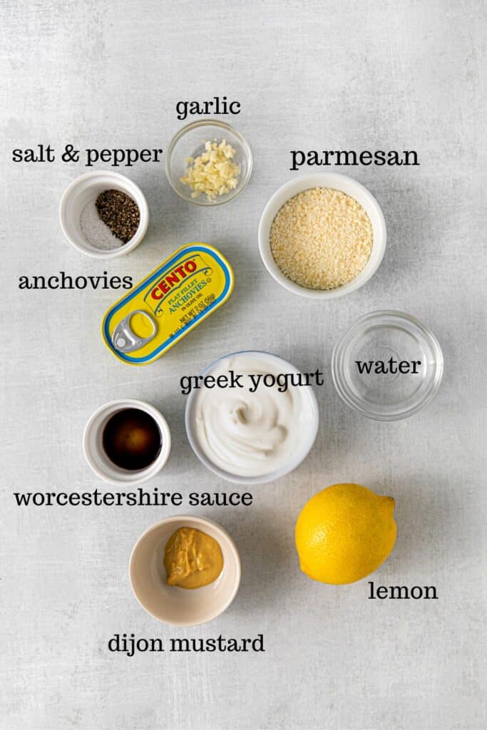 Ingredients for healthy Caesar dressing recipe.