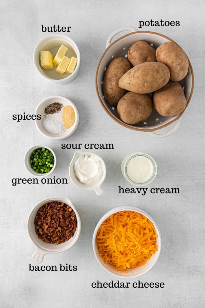 Ingredients for loaded baked potato casserole (aka: twice-baked mashed potatoes).