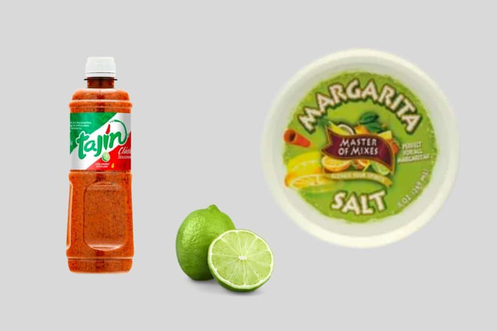 Ingredients for rimming Margarita glasses: Fresh lime, Tajin Clasico, and Margarita Salt.