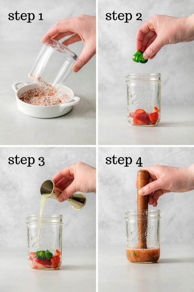 How to prepare a spicy strawberry jalapeño Margarita, step by step.