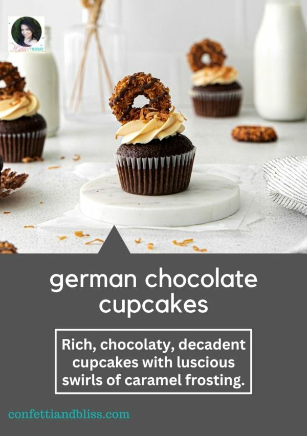 Web Story title page for German Chocolate Cupcakes recipe.