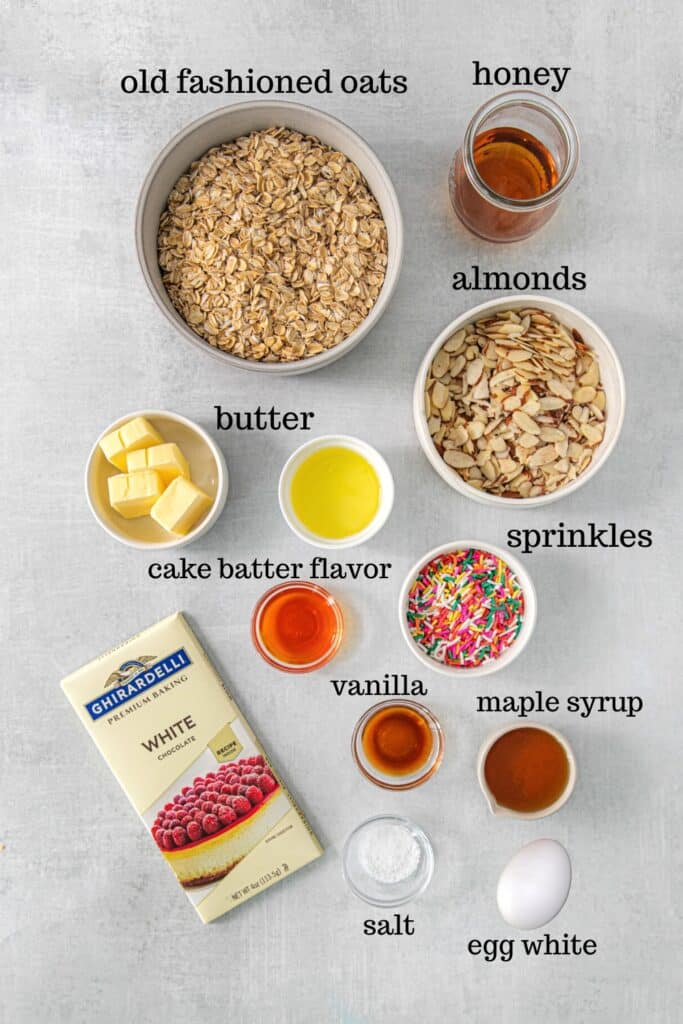 Ingredients for birthday cake granola recipe.