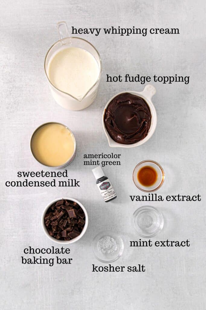 Ingredients for no-churn mint chocolate chip ice cream recipe.