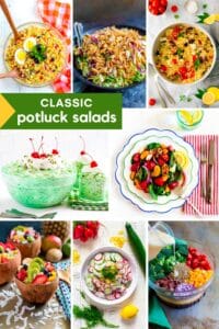 Image of classic potluck salads for recipe round-up post.