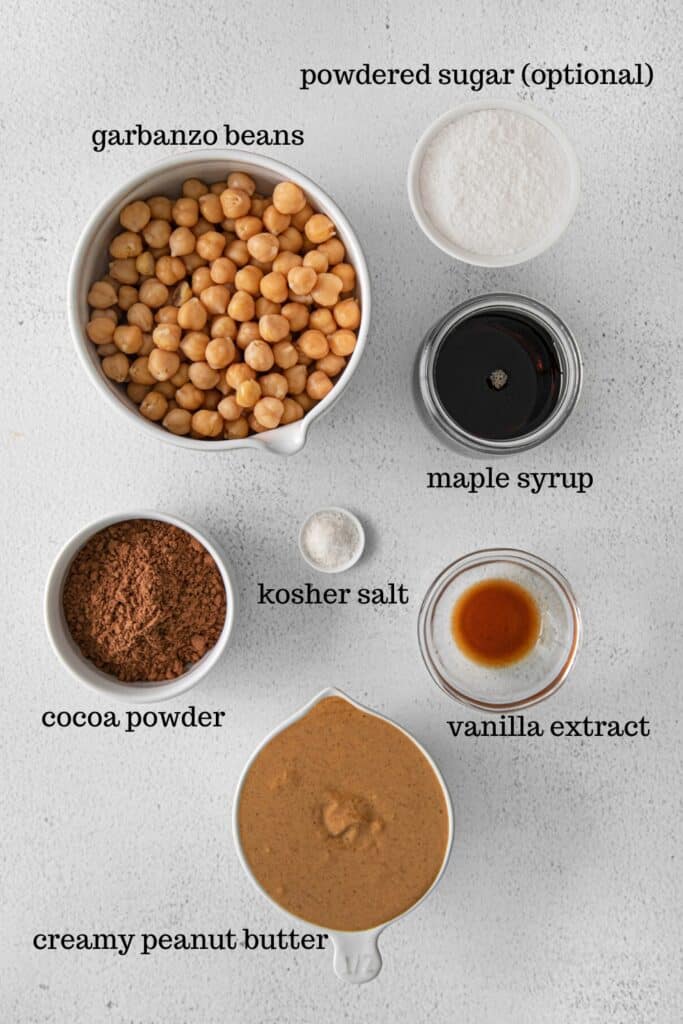 Ingredients for dark chocolate hummus, a healthy version of brownie batter dip.