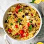 Lemon Orzo Salad in a large white serving bowl.